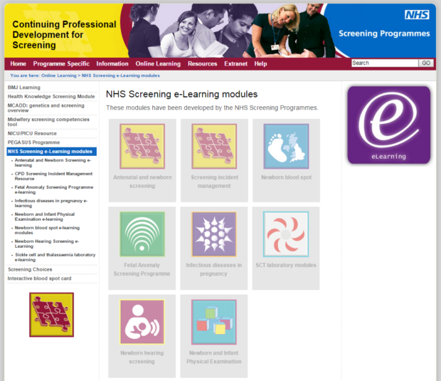 The homepage of the NHS Screening e-Learning modules website.