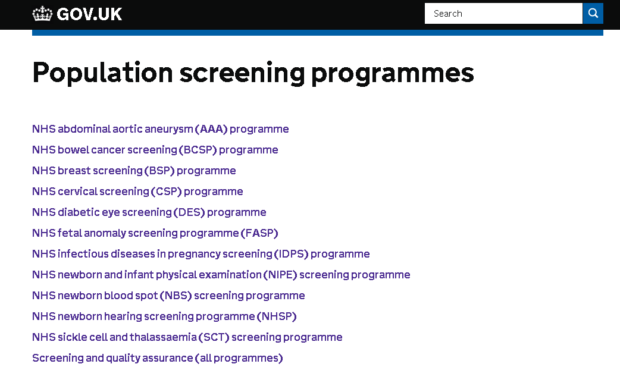 The screening homepage on GOV.UK listing all 11 population screening programmes.