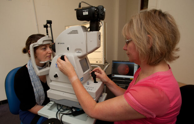 A woman undergoing diabetic eye screening.