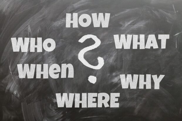 A blackboard with who, what, why, where, when and how written on it in chalk.