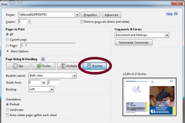 Screenshot of the inherited metabolic disease leaflet print dialog box, showing how to print in booklet form.