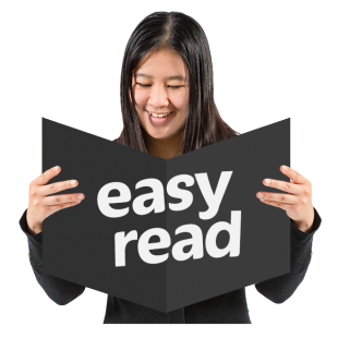 A girl holding a book with the words 'easy read' written on it.