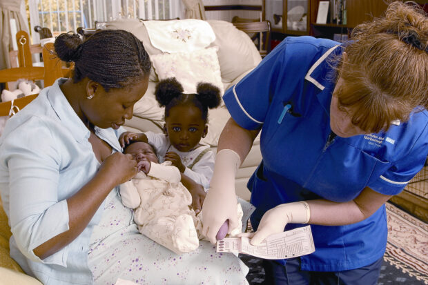 A nurse taking blood from a newborn baby's heel.