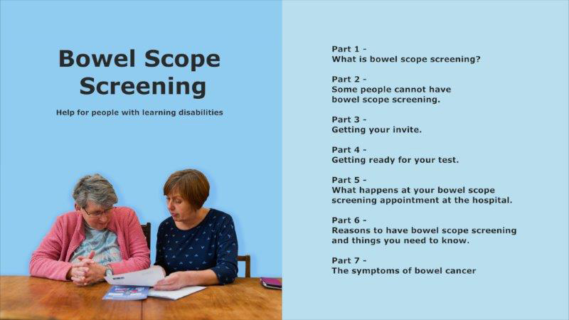 The front cover and contents page of the Bowel Scope Screening guide for people with learning disabilities