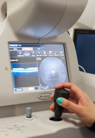 An eye imaging machine being operated