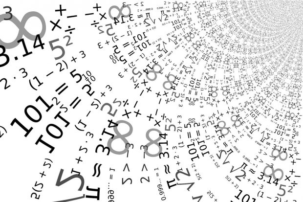 Mathematical equations written out in geometric patterns.