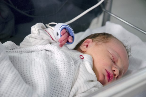 A newborn baby in a cot.
