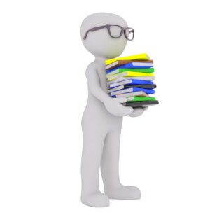 A cartoon man holding a pile of books.