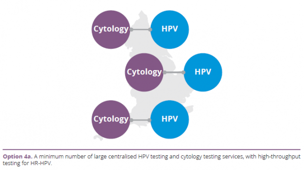 Option 4a: A minimum number of large centralised HPV testing and cytology testing services, with high-throughput testing for HR-HPV.