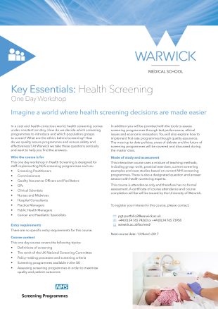 The University of Warwick Health Screening one day workshop flyer.