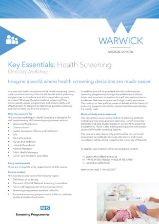 The University of Warwick Health Screening one day workshop flyer.