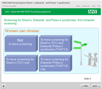 A screenshot from the new FASP e-learning module. Four boxes showing the 4 options of what women can choose at first trimester screening. A green signpost and two people deciding which way to go.