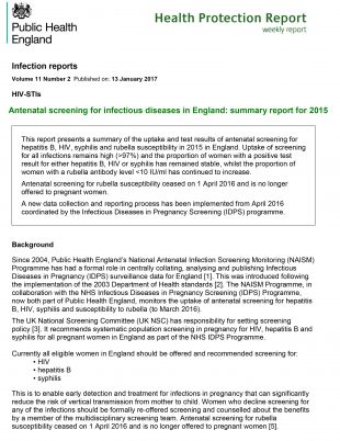 The front page of the final NAISM annual summary report on antenatal screening for infectious diseases in England