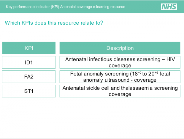 A screenshot of of the e-resource on antenatal screening coverage KPIs.