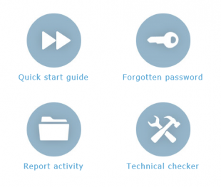 Four buttons from the online support centre. Quick start guide. Forgotten password. Report activity. Technical checker.