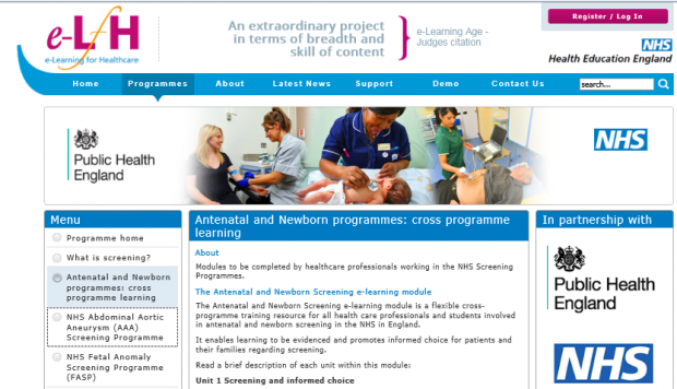 A screening page on the e-Learning for Healthcare website.