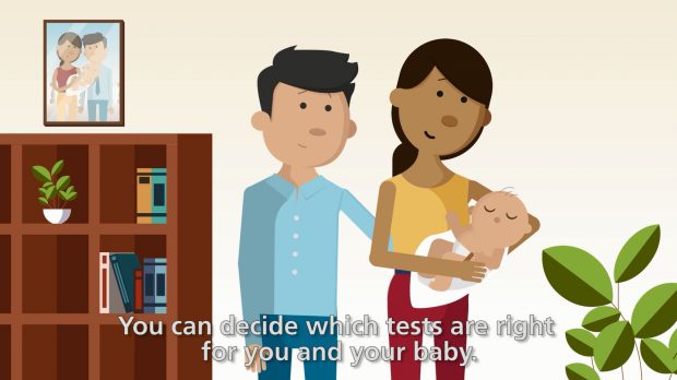 Screen from the screening animation showing a couple holding a newborn baby