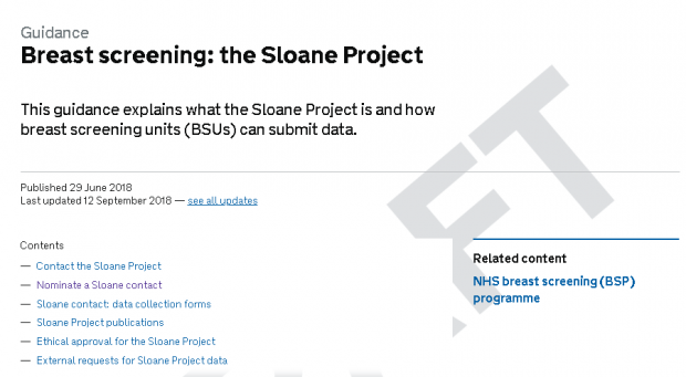 The new website on GOV.UK with the words breast screening: the Sloane Project.