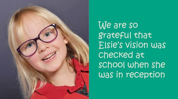 A photo of Elise and some text saying how grateful the family are that her vision was checked in school.