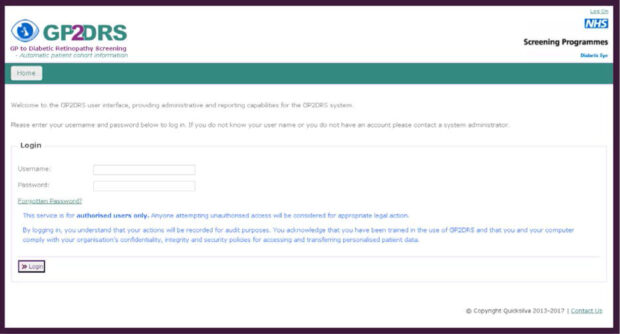 A screen grab shows the General Practice to Diabetic Retinopathy Screening (GP2DRS) IT system. 