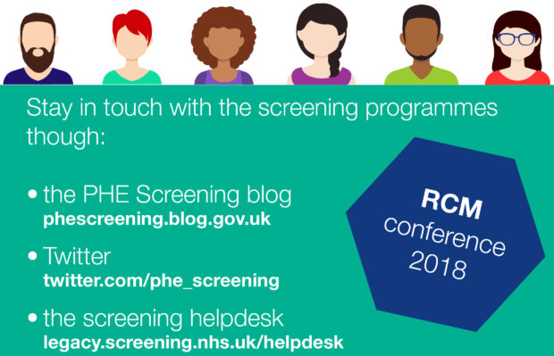 An infographic with several people shown on it and the words keep in touch with the screening programmes via the blog, Twitter and the helpdesk.