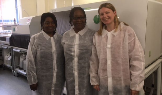Helpdesk advisors, from left, Marcia Jackson, Linda Harrison and Katy PArker on their visit to the antenatal screening lab in Bolton