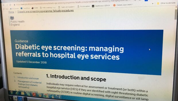 Screen displaying updated GOV.UK guidance with the words 'Diabetic eye screening: managing referrals to hospital eye services'.