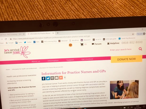 Computer screen showing the information page on the Jo's Trust website for practice nurses and GPs