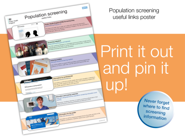 A graphic showing the new population screening leaflet with the words 'print it out and pin it up' written next to it.