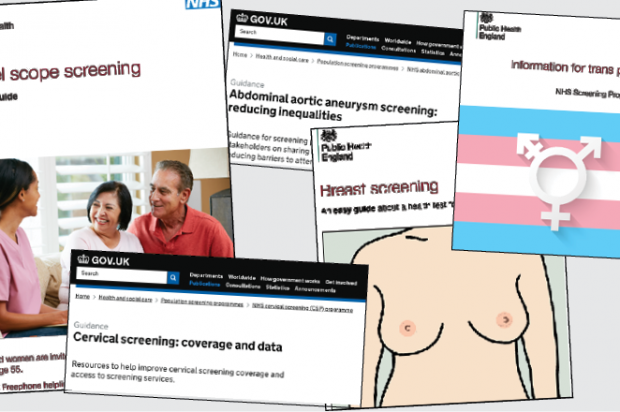A collage of PHE Screening inequalities guidance and publications. The infographic includes pictures of the easy guide to breast screening, the front cover of an information leaflet for trans people and online information about cervical screening coverage. The final 2 documents are about bowel scope screening and reducing inequalities in abdominal aortic aneurysm screening.