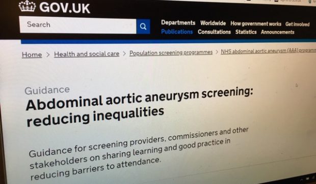 Computer screen showing the 'AAA screening: reducing inequalities' publication on GOV.UK