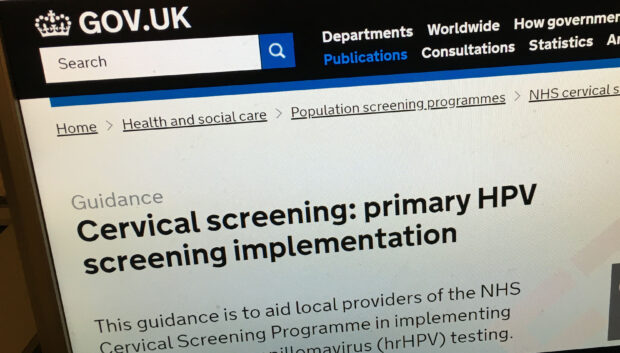 A computer screen showing the primary HPV screening implementation guidance on GOV.UK