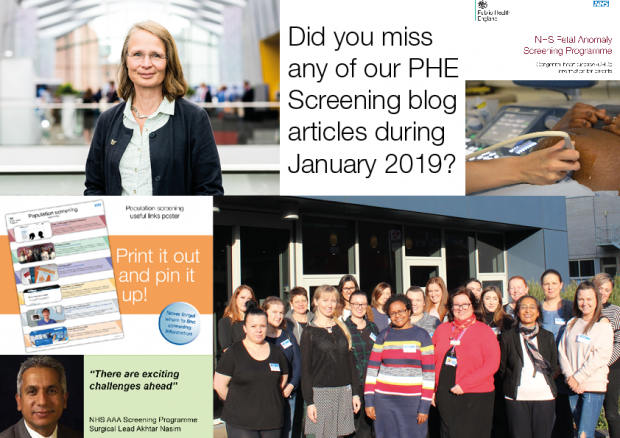 Different images used in PHE Screening blog articles during the month of January 2019 along with the question 'Did you miss any of our PHE Screening blog articles during January 2019?'