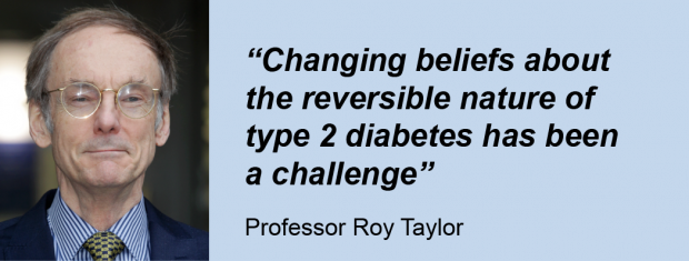 A man on the left hand side, Professor Roy Taylor, and his quote: 'Changing beliefs about the reversible nature of type 2 diabetes has been a challenge'