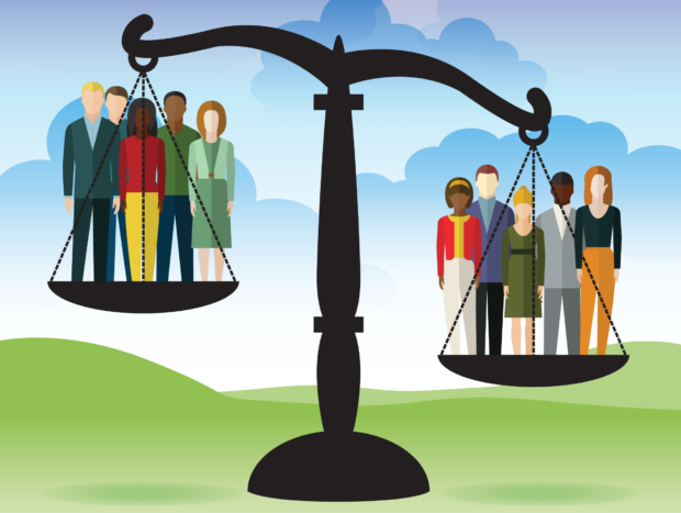 Illustration of weighing scales with a group of people in each side of the scale. This illustrates the balance of benefits and harms to the population as a whole that are weighed up when considering screening recommendations.