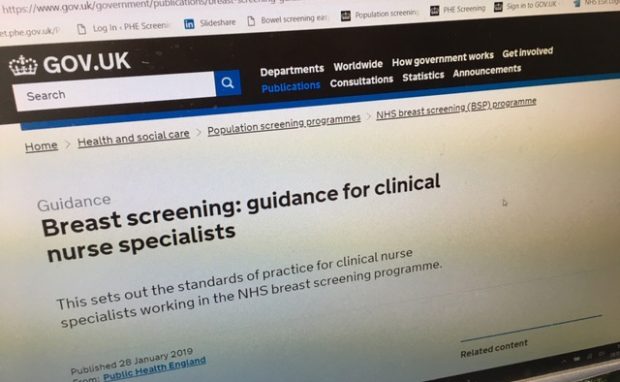 Computer screen showing GOV.UK publication 'Breast screening: guidance for clinical nurse specialists'