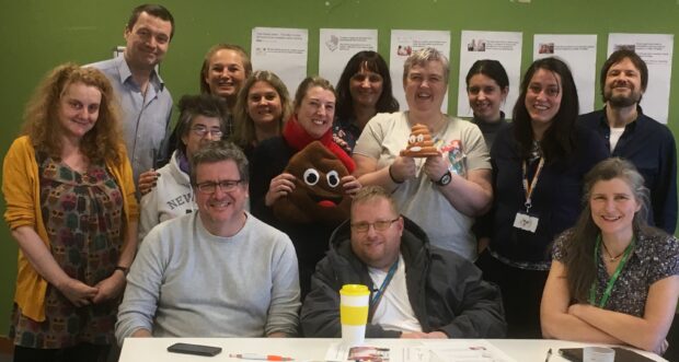 Fourteen people who took part in the review of bowel cancer screening easy read materials at the Newcastle workshop. Pictured in the photo are 4 experts by experience, 3 support workers, PHE Screening staff, health professionals and blog author Julie Tucker