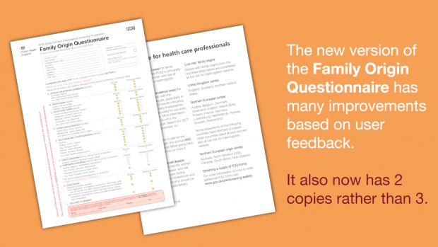 Picture of the front and back of the new Family Origin Questionnaire, with text saying 'The new version of the Family Origin Questionnaire has many improvements based on user feedback. It also now has 2 copies rather than 3.'