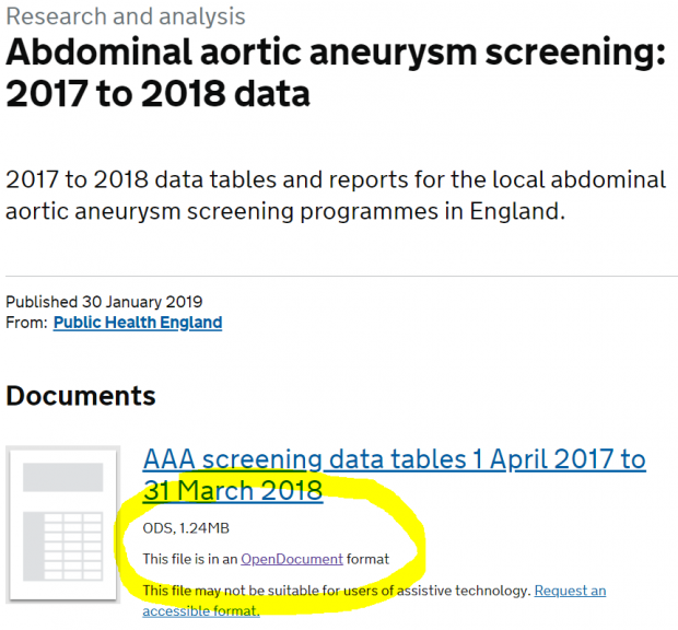 Screenshot of a page on GOV.UK showing an open document format spreadsheet