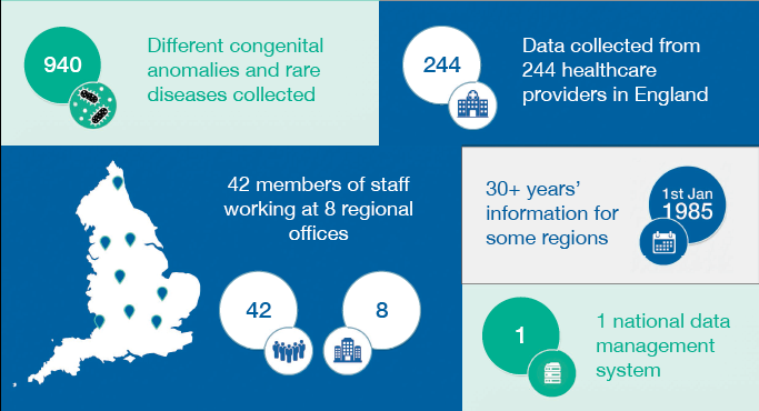 Infographic showing that 940 different congenital anomalies and rare diseases are collected from 244 healthcare providers in England by 42 members of staff working at 8 regional offices