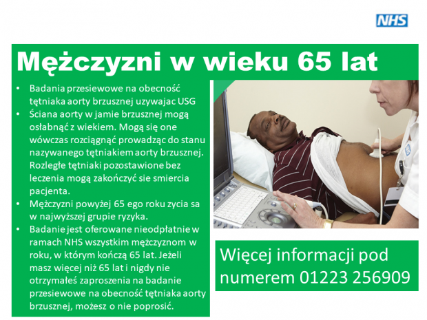 An information poster of AAA screening translated into Polish featuring image of a man being screened