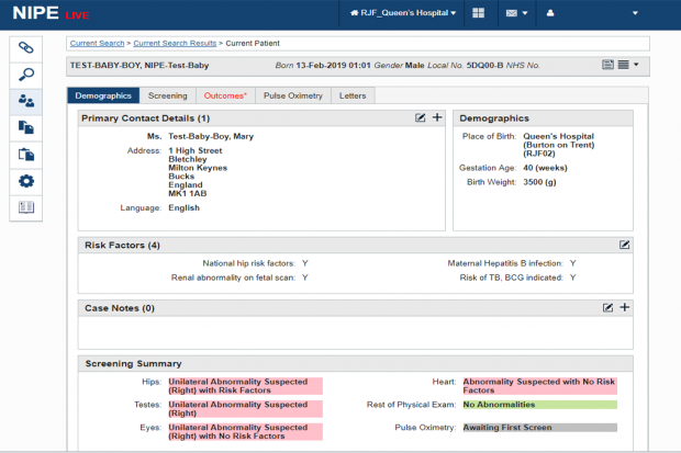 A data entry screen from the new S4N IT system for the newborn and infant physical examination programme. This includes test data only, showing what a data entry screen looks like for a baby - in this case 'Ms Mary Test-Baby-Boy of Milton Keynes. Information on the screen inlcudes name, address, language, place of birth, birth weight, risk factors and a screening summary