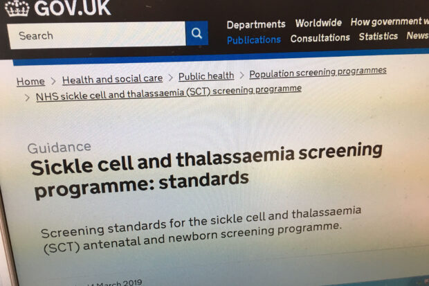 Computer screen of updated sickle cell and thalassaemia screening programme standards on GOV.UK