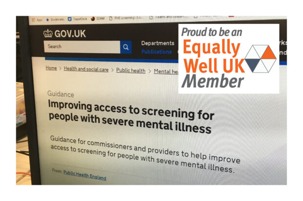 Computer screen showing the new guidance publication on GOV.UK. Superimposed on the screen shot is the Equally Well UK logo which includes the words 'Proud to be an Equally Well UK member'