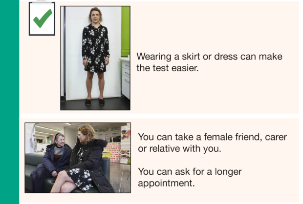 Two photos from the new cervical screening easy guide. It shows a photo of woman wearing a dress next to words 'Wearing a skirt or dress can make the test easier. It also includes a photo of the woman in the first photo talking happily to another woman alongside the words 'You can take a female friend, carer or relative with you. You can ask for a longer appointment.'