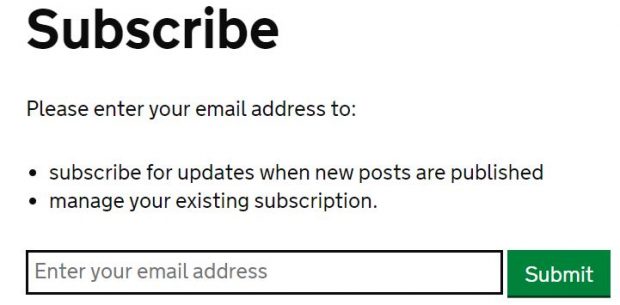 screen grab shows a section of a page on GOV.UK where you subscribe to our screening blog. It includes a box to put your email address in.