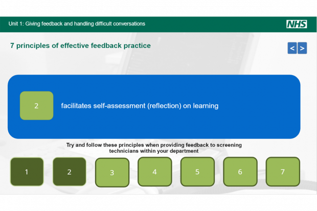 AAA screening elearning unit slide entitled 'Unit 1: Giving feedback and handling difficult conversations'. Sub-hearding reads '7 principles of effective feedback practice. At bottom of slide are 7 green boxes numbered 1 to 7 below the wording 'Try and follow these principles when providing feedbck to screening technicians within your department. Number 2 has been clicked on to reveal the wording 'facilitates self-assessment (reflection) on learning'