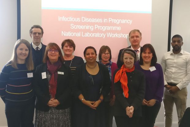 From left, data manager Maddy McMahon, national operations lead Dr Robert Sherriff, Delia Geary (technical manager, healthcare, UKAS), national IDPS programme manager Sharon Webb, head of QA development (clinical) Nadia Permalloo, consultant microbiologist Ruth White, IDPS project support officer Lorraine Martin, consultant virologist Samir Dersevic, senior QA adviser Siobhán O'Callaghan and antenatal and newborn screening project officer Nigel Attah