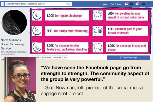 Screenshot of North Midlands Breast Screening Service Facebook page showing illustrations of changes to look out for in your breasts. Below this screen shot is a head and shoulders photo of Gina Newman. Next to her photo are the words: “We have seen the Facebook page go from strength to strength. The community aspect of the group is very powerful.” – Gina Newman, left, pioneer of the social media engagement project