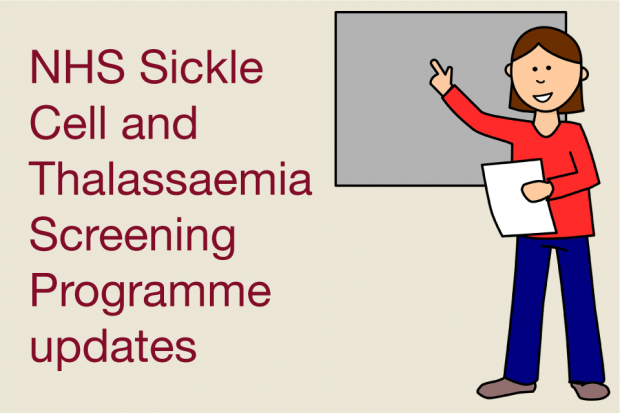 A woman pointing at a blackboard, with the words 'NHS Sickle Cell and Thalassaemia Screening Programme updates' next to her